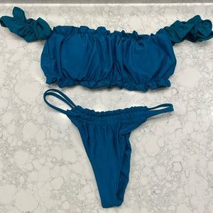 Never worn boutique teal bikini off the shoulder top and thong bottom